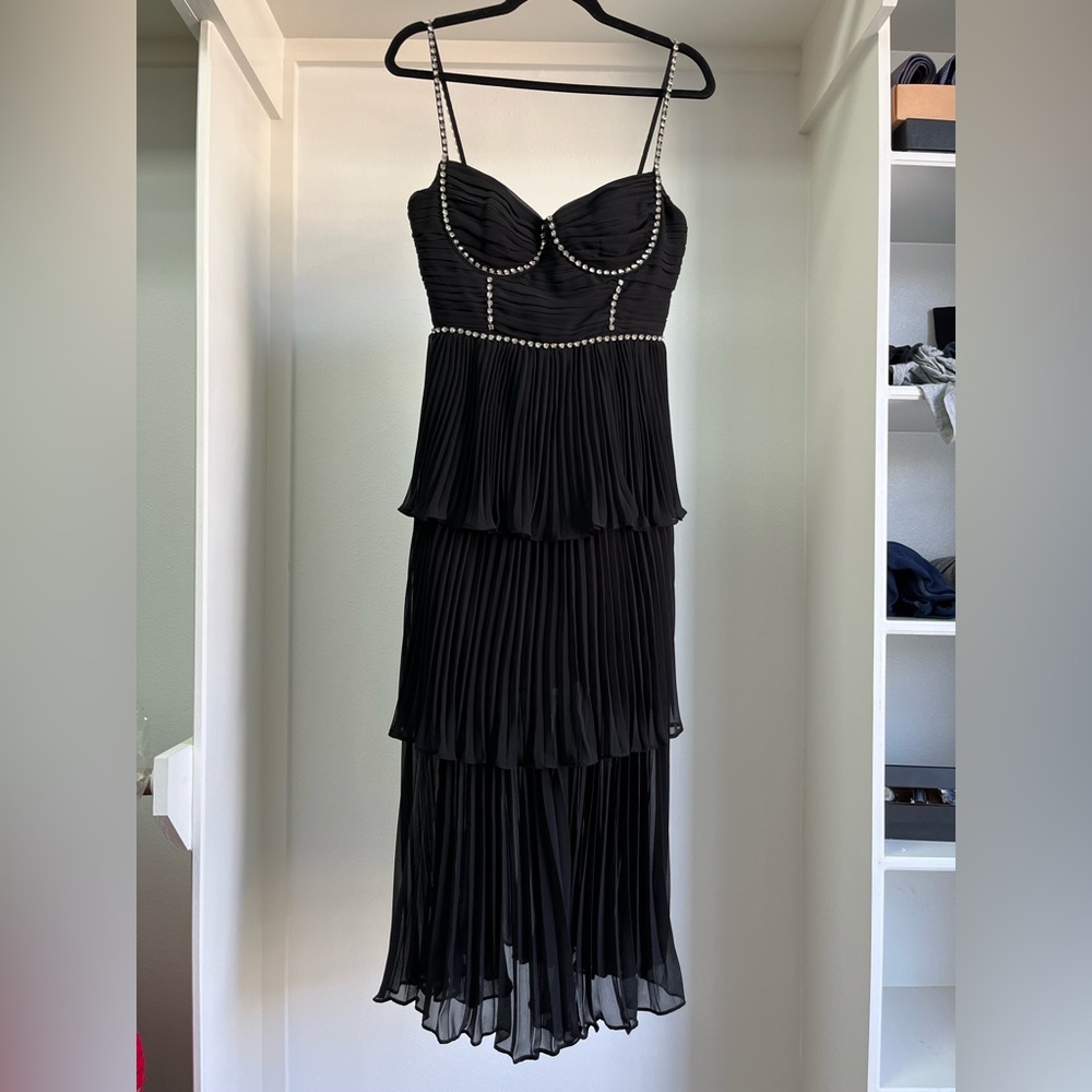 Self-Portrait black pleated diamante crystal bustier tiered midi chiffon dress 6 - Picture 8 of 14
